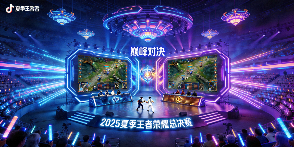 2025夏季王者荣耀总决赛巅峰对决现场全景 - 两支战队在赛博风格舞台上激烈对抗
