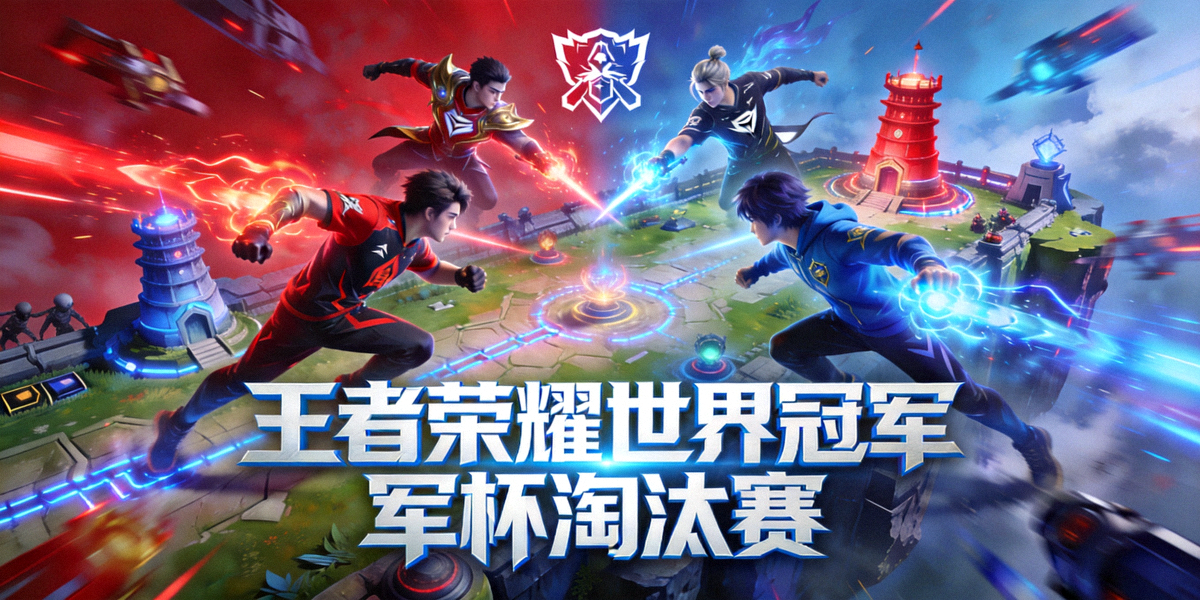 王者荣耀世界冠军杯淘汰赛阶段激烈对抗主视觉图 - 两支战队在峡谷中对决