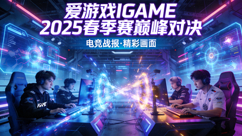 爱游戏IGAME 2025春季赛电竞战报巅峰对决精彩画面，两支战队在赛博风格竞技场激烈对抗