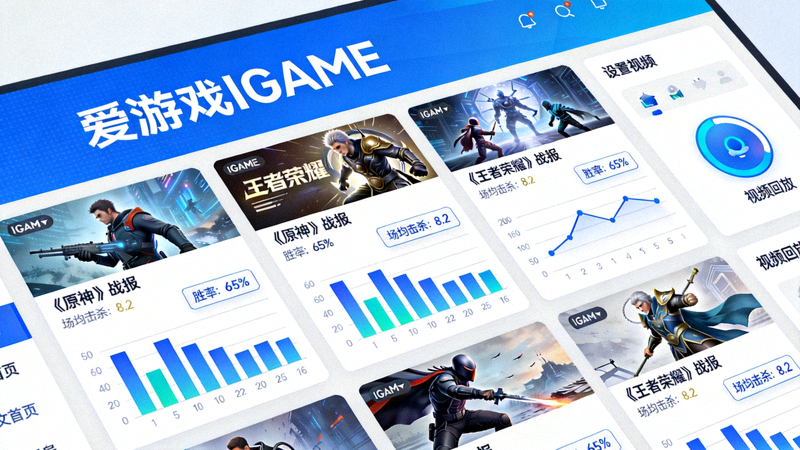 爱游戏IGAME中文首页更新多款热门游戏战报界面，包含数据图表与视频回放入口