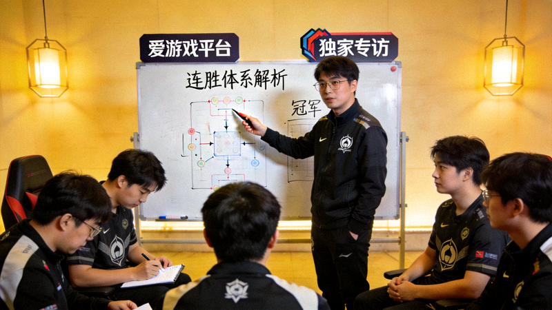 爱游戏平台独家专访冠军战队成员，教练正在战术白板上讲解连胜背后的体系