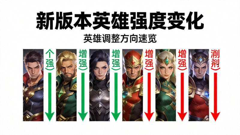 新版本英雄强度变化图表，英雄头像旁标注增强或削弱箭头