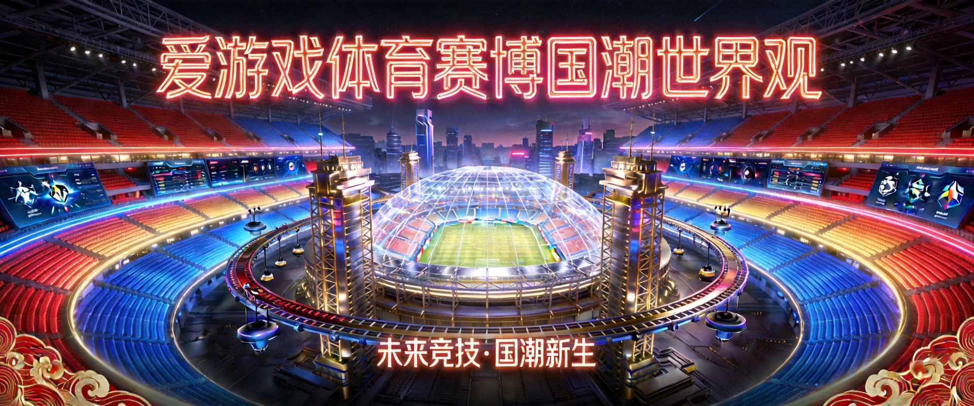 爱游戏体育赛博国潮世界观大横幅 - 未来城市体育竞技场全景与霓虹看台
