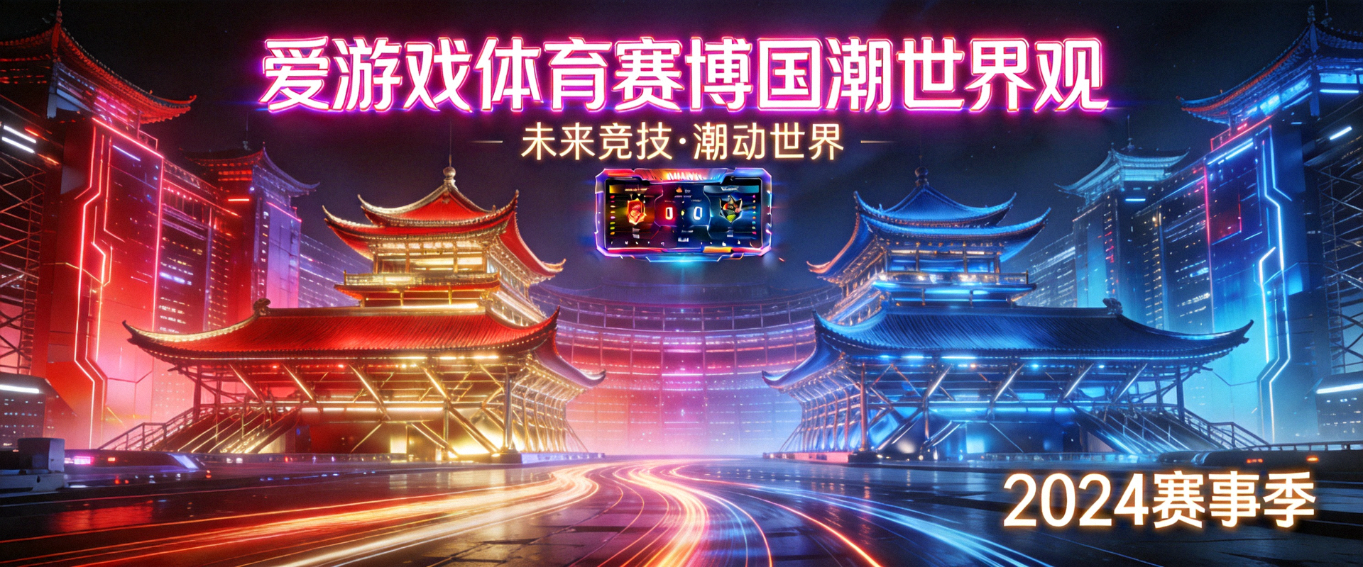爱游戏体育赛博国潮世界观大横幅 - 未来城市体育竞技场全景与霓虹光影