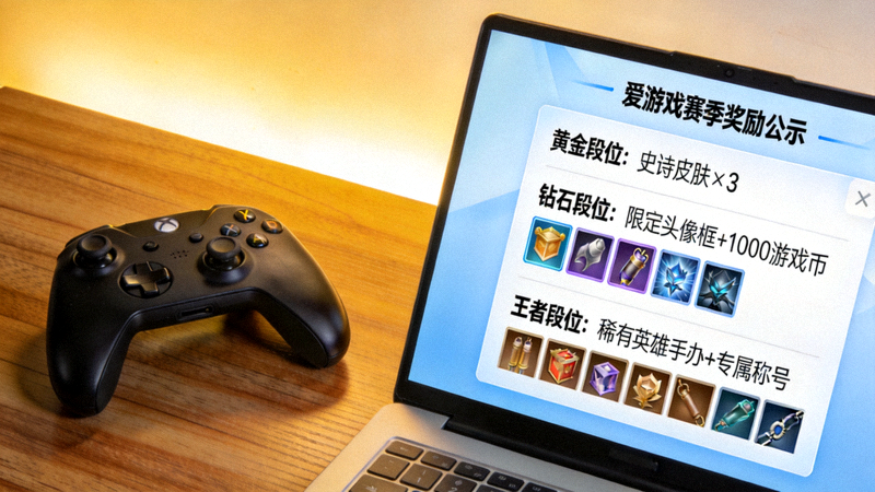 爱游戏赛季奖励公示 - 桌面上的游戏手柄与奖励界面示意