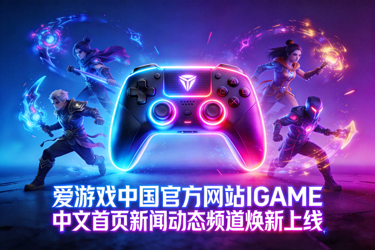 爱游戏中国官方网站IGAME中文首页新闻动态频道焕新上线主视觉图 - 霓虹灯下的游戏手柄与竞技场景