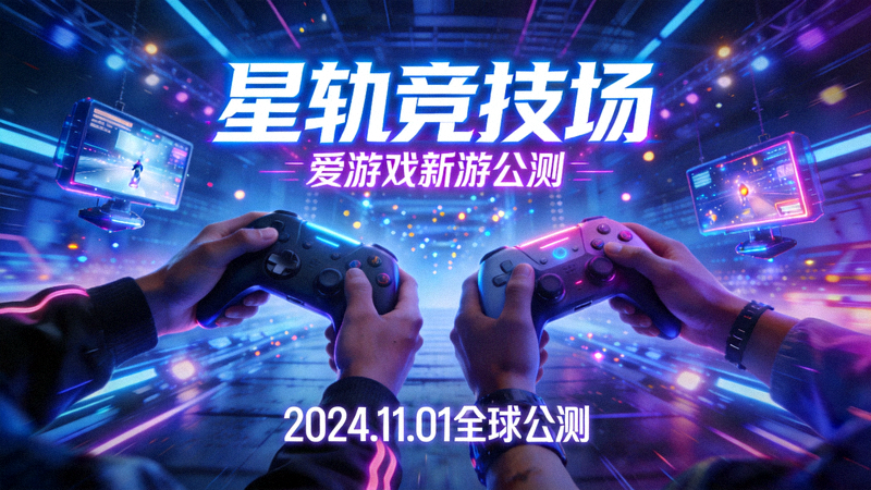 爱游戏新游《星轨竞技场》公测宣传图 - 玩家手持游戏手柄在霓虹灯光下对战