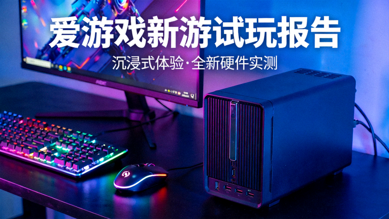 爱游戏新游试玩报告配图 - 霓虹灯下的游戏设备与键盘