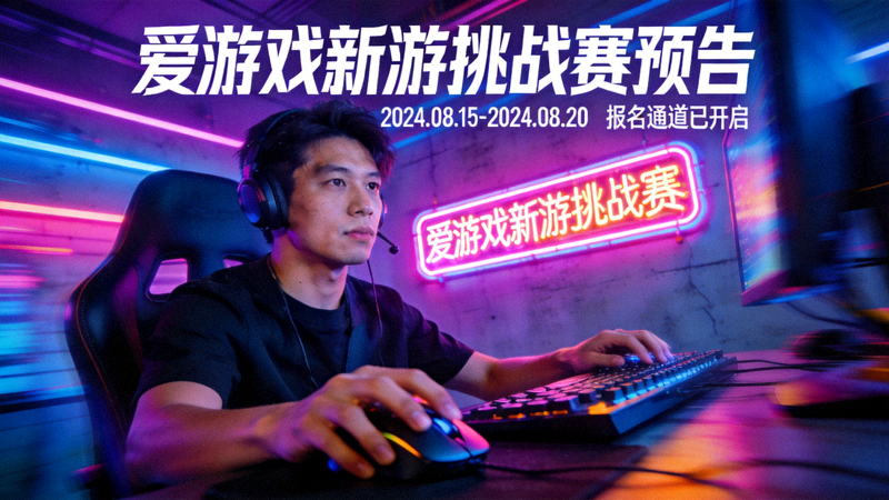 爱游戏新游挑战赛预告配图 - 电竞玩家在霓虹灯环境中专注操作