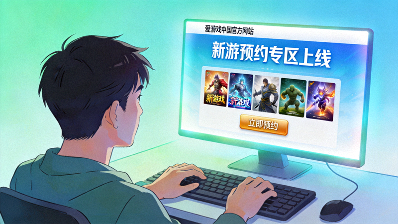 爱游戏中国官方网站新游预约专区上线配图 - 玩家在电脑前浏览游戏资讯页面