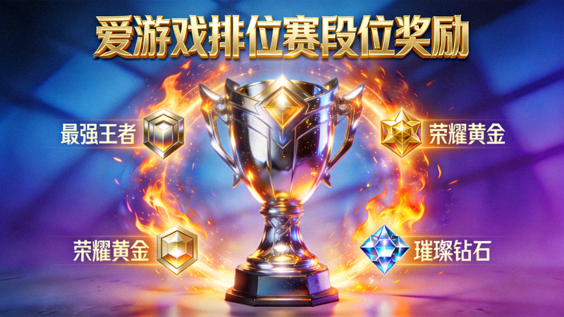 爱游戏排位赛段位奖励宣传图 - 电竞奖杯与荣誉象征