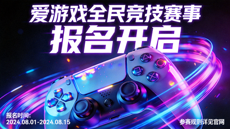爱游戏全民竞技赛事报名宣传图 - 游戏手柄特写与霓虹光影