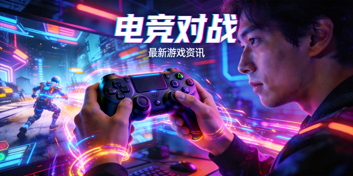 游戏资讯主视觉图 - 玩家使用游戏手柄在霓虹灯光下进行电竞对战