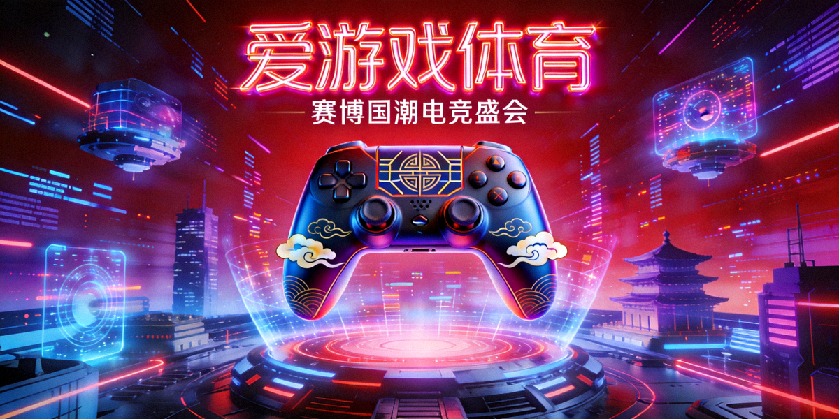 爱游戏体育赛博国潮风格主视觉图 - 霓虹灯光下的电子竞技游戏手柄与未来科技场景